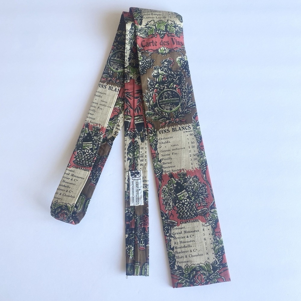 Vtg Rooster Square End Tie Carte des Vins French Wine List Hand Printed Cotton - Picture 2 of 6